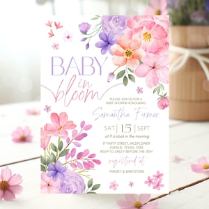 Editable Baby in Bloom Invitation, Wildflowers Baby Shower Invite, Purple Pink Flower Invite, Wild Flower Invite, Floral Baby Brunch, GBS02