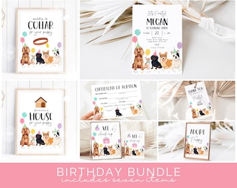 May include: A birthday party bundle for a dog-themed party. The bundle includes seven printable items: a "Make a Collar" sign, a "Decorate a House" sign, a "Vet Check-Up" sign, an "Adopt a Puppy" sign, a certificate of adoption, a thank you tag, and an invitation. The invitation says "Let's Party! Megan is turning three!" and features a group of dogs wearing party hats.