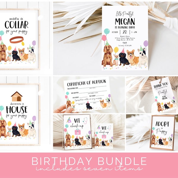 Paquete editable de fiesta de cumpleaños de cachorro, invitación de cumpleaños de cachorro, cumpleaños de perro, paquete de fiesta de cumpleaños de veterinario de animales