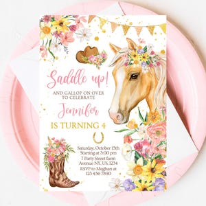 Editable Floral Horse Birthday Invitation Template, Girl Saddle Up Invite, Cowgirl Party Horse Invite, Pink Floral Farm Birthday Invitation