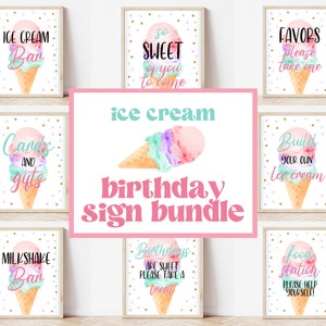 Editable Ice Cream Birthday Sign Bundle, Pastel Ice Cream Birthday Signs, Girl Ice Cream Party, Pink Ice Cream Birthday, Instant Download