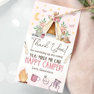 Modèle imprimable étiquette de cadeau de fête du camp modifiable, carte de remerciement d'anniversaire au camp, décoration de fête de camping en plein air modèle imprimable