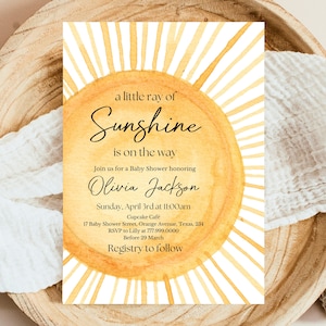 Bearbeitbare Sonnenschein-Babyparty-Einladung, ein kleiner Sonnenstrahl-Babyparty-Einladung, geschlechtsneutrale Sonnenschein-Babyparty, BSBS01