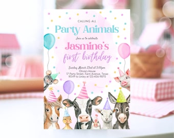 May include: A pink and blue birthday party invitation with a watercolour illustration of farm animals. The invitation says "Calling all Party Animals" and "Join us to celebrate Jasmine's first birthday".