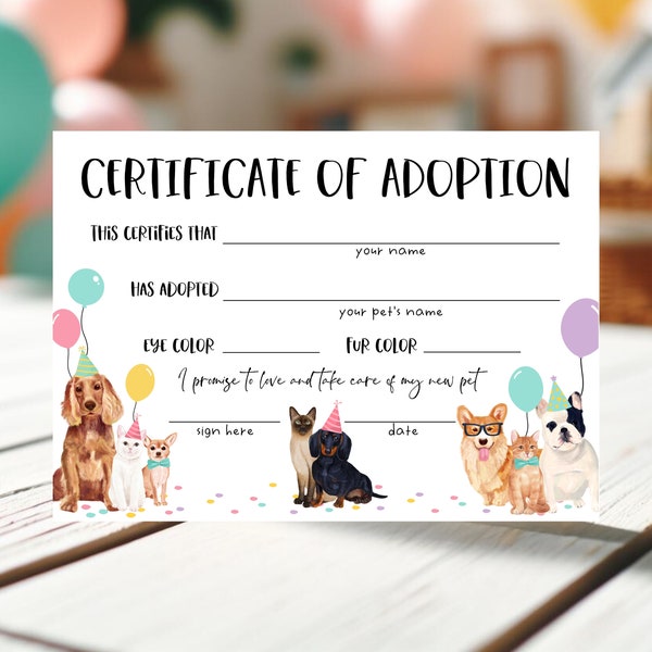 Editable Pet Adoption Certificate, Puppy & Kitten Birthday Adoption Sign , Dogs and Cats birthday Party Decor , Printable Template