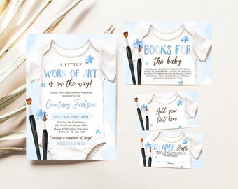 Può includere: Un invito a una festa di nascita blu e bianco con un design ad acquerello di un body, pennelli e schizzi di vernice. Il testo recita "A Little Work of Art is on the way!" e include il nome "Courtney Jackson".