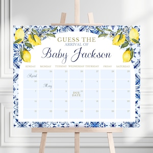 Date d'échéance modifiable pour baby shower citron méditerranéen, thème carreaux bleus, baby shower Italie, signe calendrier de baby shower bleu marine citron, MLBS01