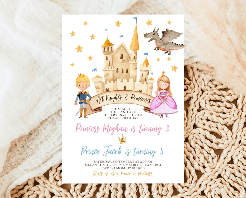 Princess Jacob Editable Princess Knights Birthday Invitation Royal Castle Dragon Party ...