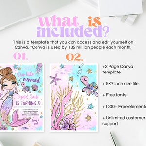 May include: A printable invitation template for a little mermaid themed birthday party. The template features a cartoon mermaid with pink and purple hair and tail, surrounded by seashells and starfish. The text on the invitation reads "Our little mermaid Jezebel Smith is turning 3".