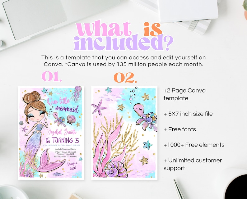 May include: A printable invitation template for a little mermaid themed birthday party. The template features a cartoon mermaid with pink and purple hair and tail, surrounded by seashells and starfish. The text on the invitation reads "Our little mermaid Jezebel Smith is turning 3".
