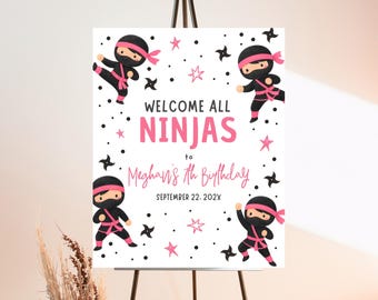 Editable Girl Ninja Birthday Welcome Sign Karate Warrior Party Martial Arts Pink Ninja Poster Printable Ninja Sign Digital Download GBP54