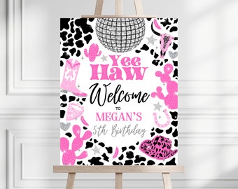 Editable Disco Cowgirl Birthday Welcome Sign, Pink Disco Cowgirl Birthday Banner, Girl Rodeo Birthday Sign, Pink Rodeo Party Decor DCBP01