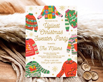 May include: Invitation to an Ugly Christmas Sweater Party hosted by The Millers. The invitation features a white background with illustrations of six different Christmas sweaters, each with a unique design. The text on the invitation reads "Get ready for the Ugliest Christmas Sweater Party" and includes the date, time, and location of the party.
