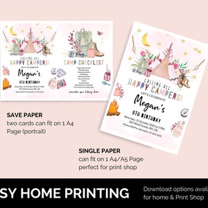 May include: Two printable invitations for a camping themed birthday party. The invitations feature a pink background with a watercolor illustration of a tent, campfire, and other camping gear. The text on the invitations reads "Calling all Happy Campers! Let's Celebrate Megan's 9th Birthday".