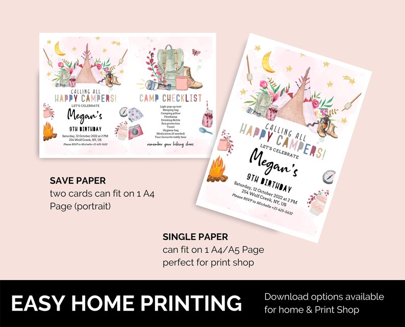 May include: Two printable invitations for a camping themed birthday party. The invitations feature a pink background with a watercolor illustration of a tent, campfire, and other camping gear. The text on the invitations reads "Calling all Happy Campers! Let's Celebrate Megan's 9th Birthday".