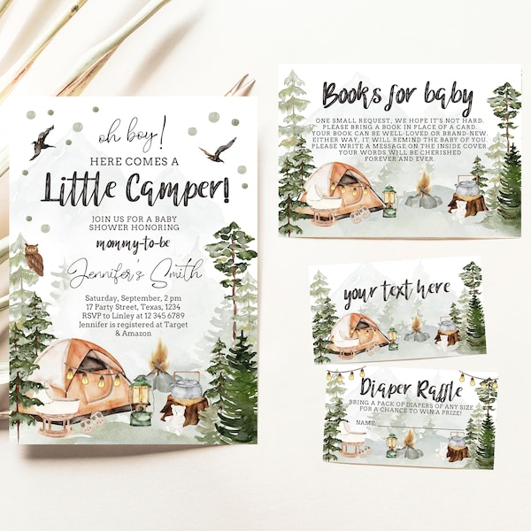 Camping Baby Shower Invitation Bundle, Little Camper Baby Shower Bundle, Printable Camp Bundle, Woodland Little Camper Baby Shower Template