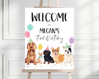 May include: Welcome to Megan's Third Birthday party sign with a white background and colorful balloons. Five dogs wearing party hats are lined up in front of the text. The dogs are a cocker spaniel, a chihuahua, a dachshund, a corgi, and a french bulldog.
