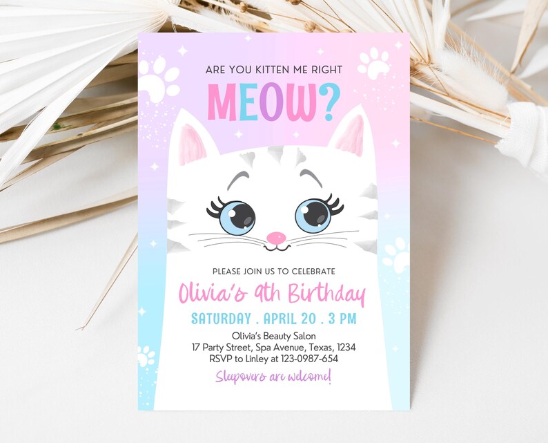 Invitation d'anniversaire modifiable pour chaton Kitty Cat Fête d'anniversaire de chat Inviter chat Are You Kitten Me Pink Kitten Party Girl Téléchargement imprimable, 45 GBP image 2