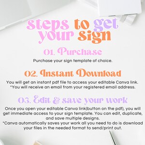 Op de afbeelding: Een roze en oranje afbeelding met de tekst "Steps to get your sign" en instructies over hoe je een sjabloon voor een bord kunt kopen, downloaden en bewerken met Canva.