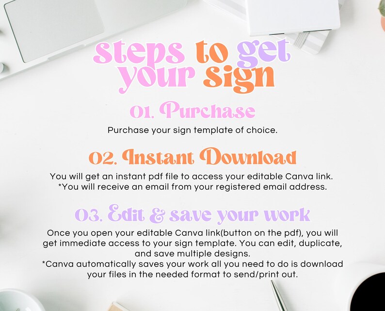 Op de afbeelding: Een roze en oranje afbeelding met de tekst "Steps to get your sign" en instructies over hoe je een sjabloon voor een bord kunt kopen, downloaden en bewerken met Canva.