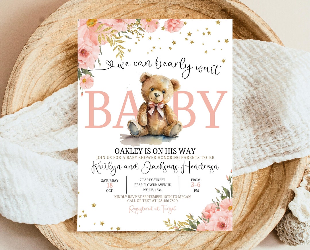 Teddy Bear Baby Shower Invitation Template, We Can Bearly Wait Invite ...