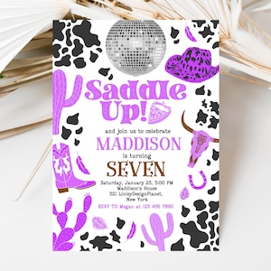 Disco Cowgirl Birthday Party Invitation Template, Purple Disco Cowgirl Invitation, Girl Rodeo Birthday Invitation, Purple Rodeo Invitation
