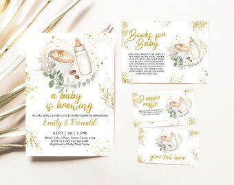 Editable A Baby is Brewing Invitation Bundle, Bottle and Coffee Baby Shower, Coed Couples Baby Shower Invite, Gender Neutral Baby Shower