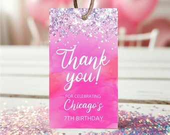 Editable Pink Glitter Birthday Favor Tag (Digital Download)