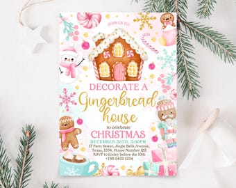 Editable Pink Gingerbread House Decorating Party Invitation, Pink Christmas Birthday Invitation, Pink Christmas Cookies Invitation, CBC03