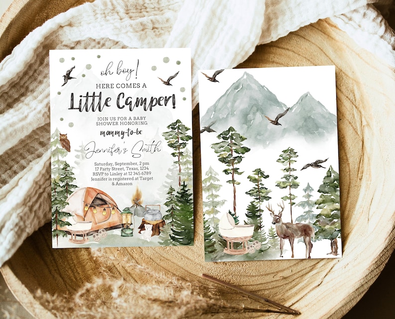 May include: A baby shower invitation featuring a watercolour illustration of a woodland scene. The text reads "Oh boy! Here comes a Little Camper!" and includes the name "Jennifer's Smith".