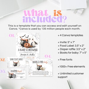 May include: A printable Halloween baby shower invitation template with a cauldron, ghost, and pumpkin. The text reads "A Baby is Brewing". The template includes 4 Canva templates, an invite, food labels, diaper raffle cards, and books for baby. It also includes free fonts, 1000+ free elements, and unlimited customer support.