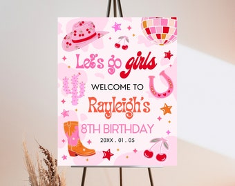 Editable Retro Cowgirl Birthday Welcome Sign, Pink Disco Cowgirl Birthday Banner, Girl Rodeo Birthday Sign, Pink Rodeo Party Decor DCBP02