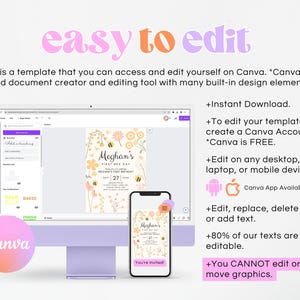 May include: A digital mockup of a Canva template for a first birthday invitation. The invitation features a yellow and white floral design with bees and the text "Meghan's First Bee Day". The template is shown on a computer screen and a mobile phone.