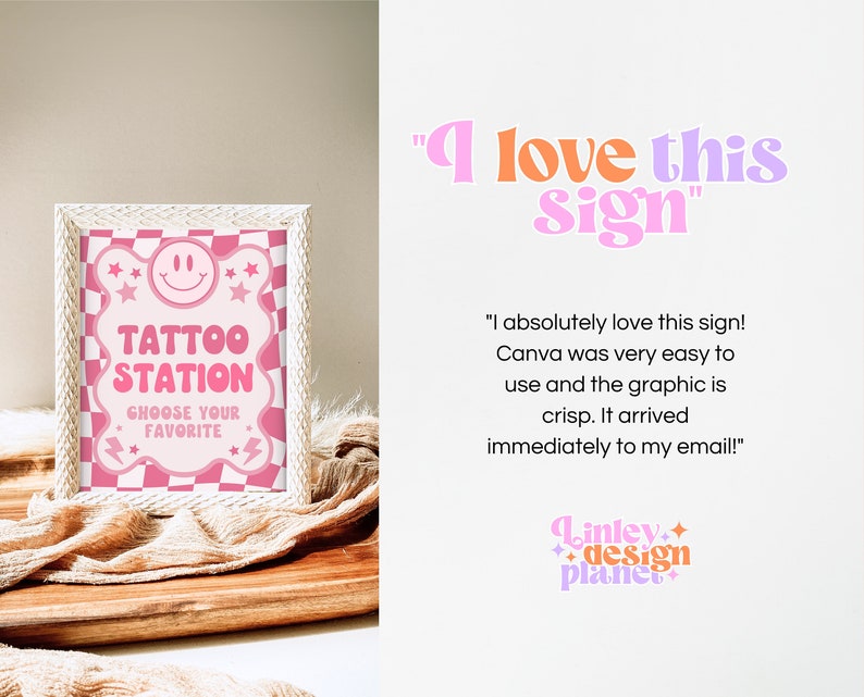 Tattoo Station Sign Retro Smiley Birthday, Preppy Smile Theme Sign Template, Pink Checkered Birthday, Teen Girl Party, Wavy Retro Sign image 7