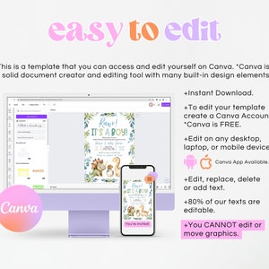 K&ouml;nnte beinhalten: Ein digitales Mockup eines Computerbildschirms und eines Smartphones, das eine anpassbare Babyparty-Einladungsvorlage auf Canva zeigt. Die Einladung zeigt eine Dinosaurier-Illustration und den Text "Rawr! Es ist ein Junge!"