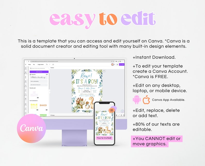 K&ouml;nnte beinhalten: Ein digitales Mockup eines Computerbildschirms und eines Smartphones, das eine anpassbare Babyparty-Einladungsvorlage auf Canva zeigt. Die Einladung zeigt eine Dinosaurier-Illustration und den Text "Rawr! Es ist ein Junge!"