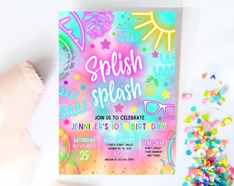 Editable Tie Dye Pool Party Invitation Template, Neon Glow Pool Party Invitation, Ty Dye Glow Disco Party Invite, Disco Pool Party Evite