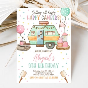 Editable Girl Camp Party Invitation, Camp Out Birthday Party, Sleepover Girl Camping Party Invite Printable Template