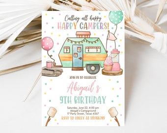 Editable Girl Camp Party Invitation, Camp Out Birthday Party, Sleepover Girl Camping Party Invite Printable Template