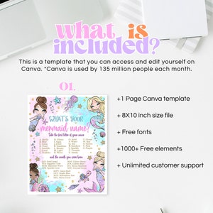 May include: A printable mermaid-themed party game for children. The game asks "What's your mermaid name?" and includes a list of mermaid names and a chart to determine the name based on the first letter of your name and the month you were born. The game is designed for use with Canva and includes an 8x10 inch size file, free fonts, 1000+ free elements, and unlimited customer support.