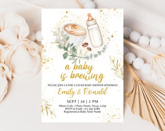 Editable Baby Is Brewing Invitation Coffee Baby Shower Invitation Greenery Gender Reveal Baby Shower Neutral Baby Shower Printable Digital