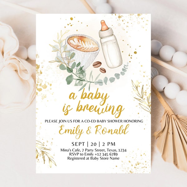 Editable Baby Is Brewing Invitation Coffee Baby Shower Invitation Greenery Gender Reveal Baby Shower Neutral Baby Shower Printable Digital