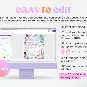 May include: A digital screen displaying a Canva template for a mermaid-themed party. The template features a colourful design with illustrations of mermaids and the text "What's your mermaid name?" The text on the screen also describes how to edit the template using Canva.