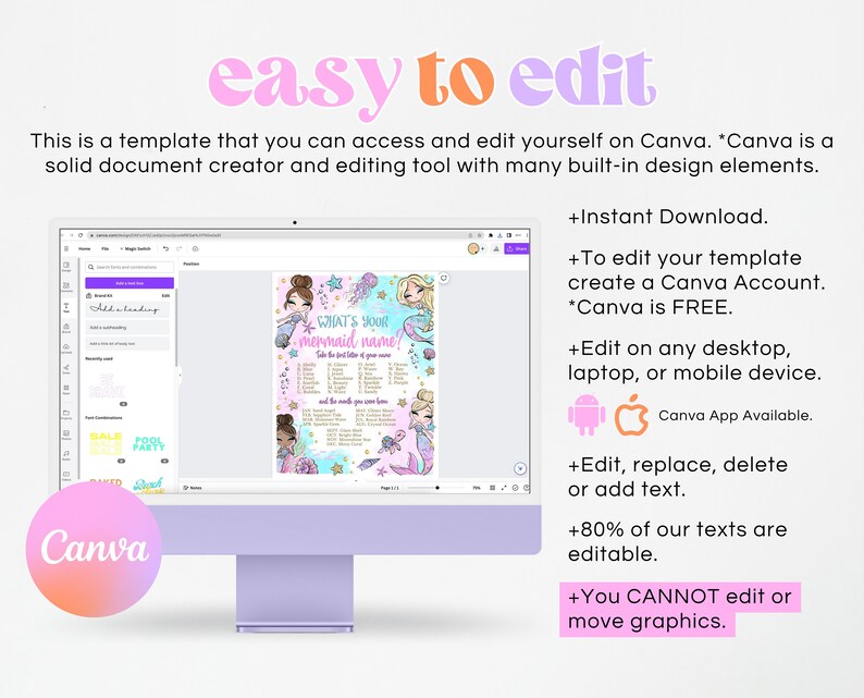 May include: A digital screen displaying a Canva template for a mermaid-themed party. The template features a colourful design with illustrations of mermaids and the text "What's your mermaid name?" The text on the screen also describes how to edit the template using Canva.