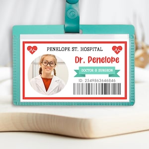 Edytowalna dziecięca odznaka lekarza, drukowana odznaka medyczna, drukowany identyfikator personelu szpitalnego, udawaj zabawę medyczną, identyfikator pielęgniarki, etykieta lekarza