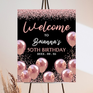 Letrero de bienvenida de cumpleaños editable en oro rosa, letrero con purpurina para el 60.° cumpleaños, decoración de cumpleaños en oro rosa, globos con purpurina en oro rosa, descarga instantánea