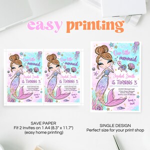 May include: Two printable invitations for a little mermaid's 3rd birthday party. The invitations feature a cartoon mermaid with pink and purple scales, a seashell crown, and a seashell necklace. The text on the invitations reads "Our little mermaid Jezebel Smith is turning 3".