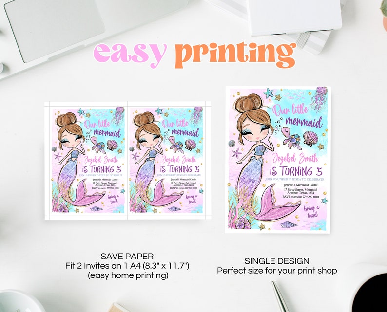 May include: Two printable invitations for a little mermaid's 3rd birthday party. The invitations feature a cartoon mermaid with pink and purple scales, a seashell crown, and a seashell necklace. The text on the invitations reads "Our little mermaid Jezebel Smith is turning 3".