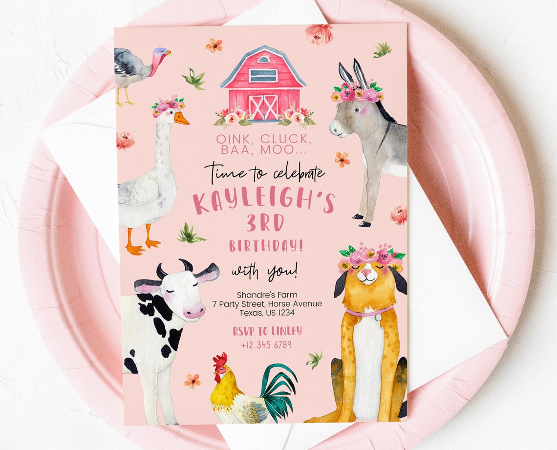 Editable Girl Farm Animal Birthday Invitation FREE Quest List - Etsy