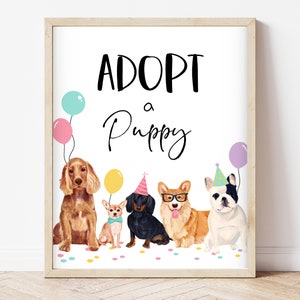 Bewerkbare Adopteer een puppy verjaardag afdrukbaar bord, Adopteer een puppy verjaardag tafelbord, afdrukbaar puppy adoptie bord, GDBP01